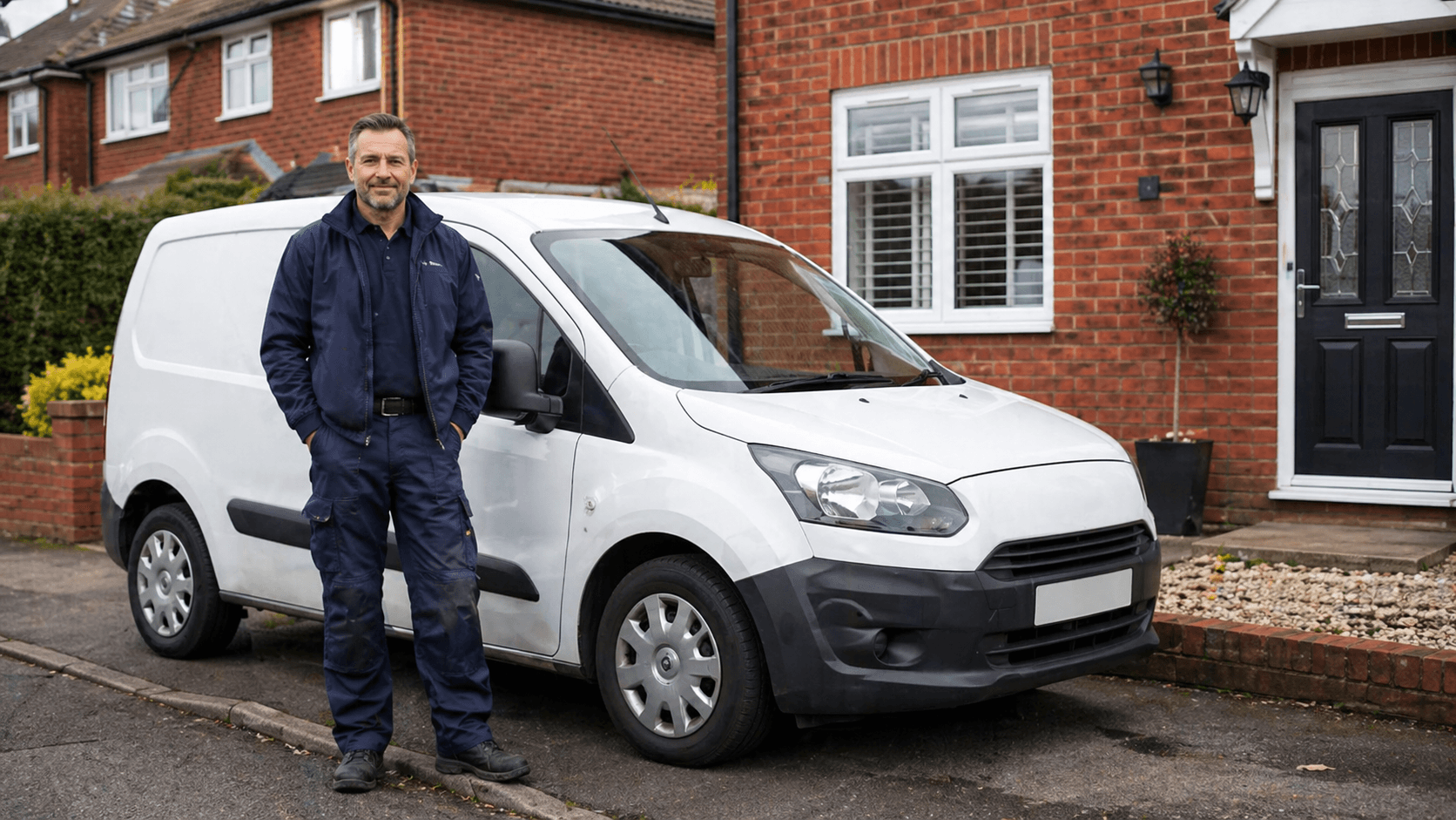 Local heating engineer beside a service van